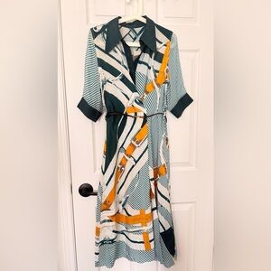 Silk Stylish Green and Orange Hermes Style Dress with Leather Belt